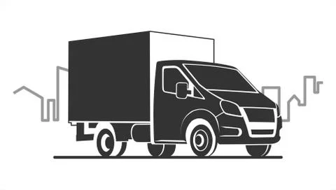 Vector stylized lorry on the background of the city, the contour of the build Stock Illustration
