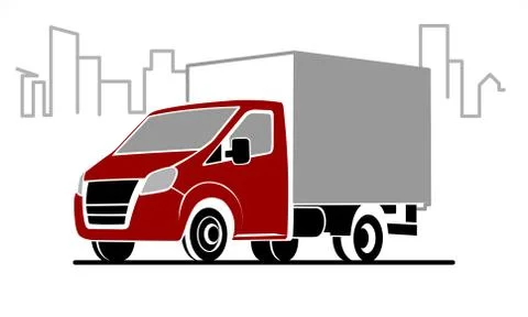 Vector Stylized Lorry On The Background Of The City, The Contour Of The Build Stock Illustration