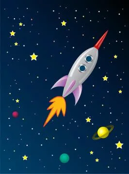 Vector stylized retro rocket ship in space Stock Illustration