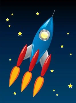 Vector stylized retro rocket ship in space Stock Illustration