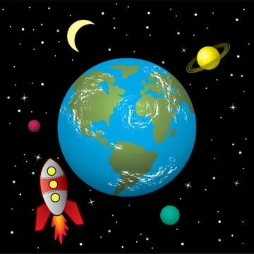 Vector stylized retro rocket ship in space Illustrazione stock