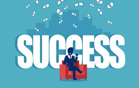 Vector of a successful businesman sitting in a red armchair under money rain Stock Illustration
