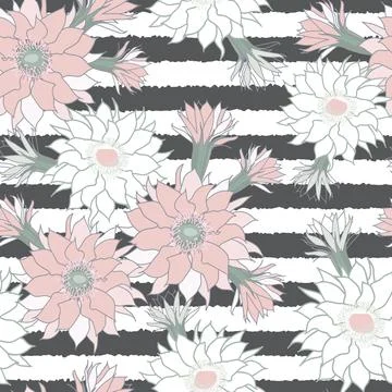 Vector succulent flower grey striped background seamless pattern print Stock Illustration