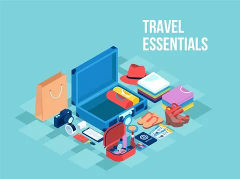 Vector of a suitcase with arranged in order objects and clothes Stock Illustration