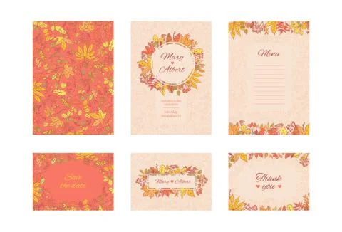 Vector suite wedding invitation card. Set frame cards with autumn leaves and Stock Illustration