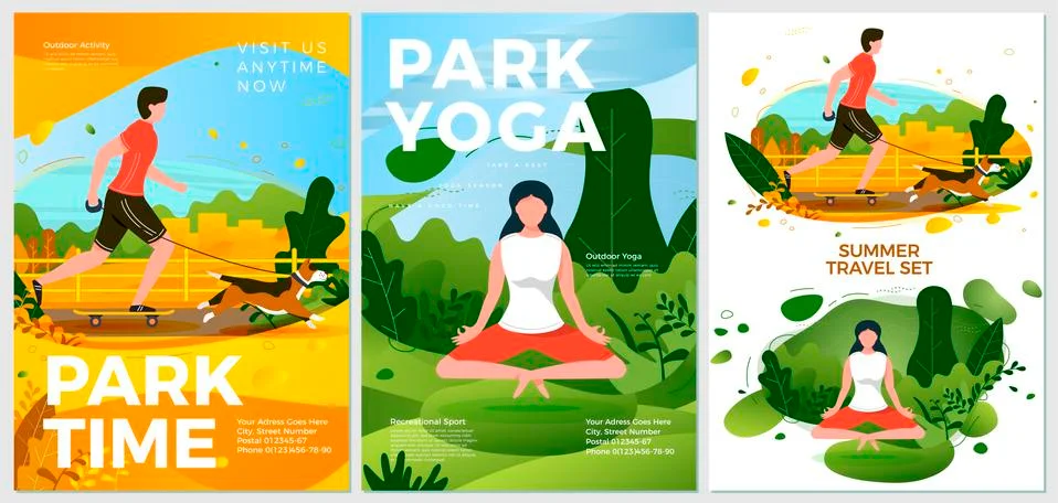 Vector summer activity posters set - yoga woman and rolling man outdoors Stock Illustration