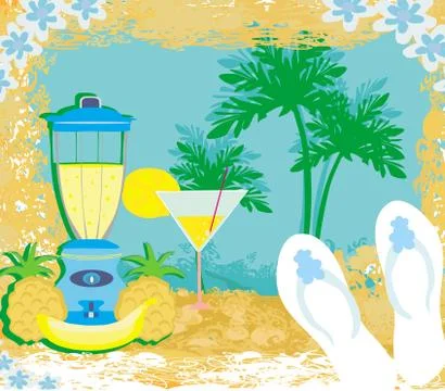 Vector summer background with palm trees  and fruity drink Stock Illustration