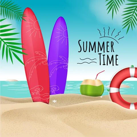 Vector summer background with surf boards, lifebuoy guard and coconut Stock Illustration