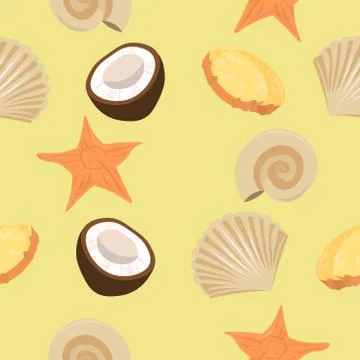 Vector summer beach background. Seashells, starfish, coconut, pineapple rings Stock Illustration