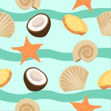 Vector summer beach background. Seashells, starfish, coconut, pineapple rings Stock Illustration