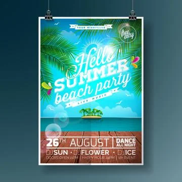 Vector Summer Beach Party Flyer Design with typographic elements and palm trees Stock Illustration