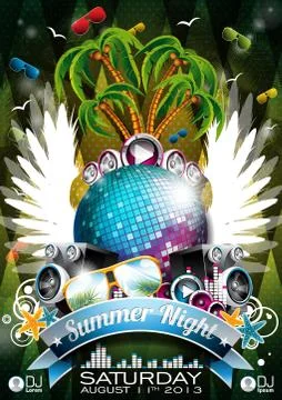 Vector Summer Beach Party Flyer Design with disco ball and sunglasses Stock Illustration