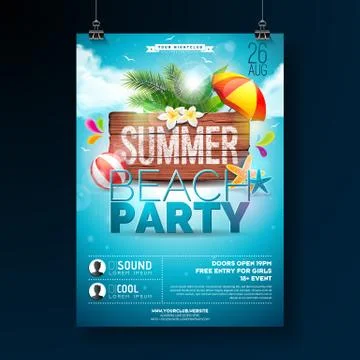 Vector Summer Beach Party Flyer Design with typographic elements on wood texture Stock Illustration