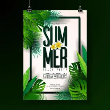 Vector Summer Beach Party Flyer Design with typographic elements on exotic leaf Stock Illustration