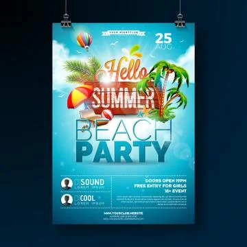 Vector Summer Beach Party Flyer Design with typographic elements on wood texture Stock Illustration