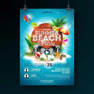 Vector Summer Beach Party Flyer Design with typographic elements on wood texture 스톡 일러스트