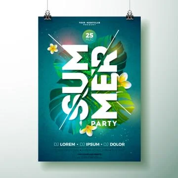 Vector Summer Beach Party Flyer Design with flower and tropical plants on blue Illustrazione stock