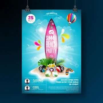 Vector Summer Beach Party Flyer Design with typographic elements on surf board Stock Illustration