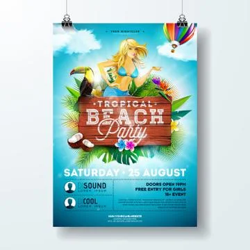 Vector Summer Beach Party Flyer Design with sexy young girl and typographic イラスト素材