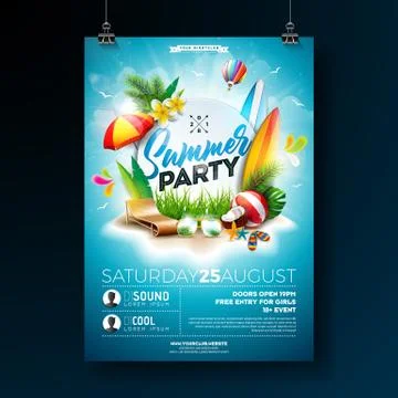 Vector Summer Beach Party Flyer Design with typographic elements on blue cloudy Illustrazione stock