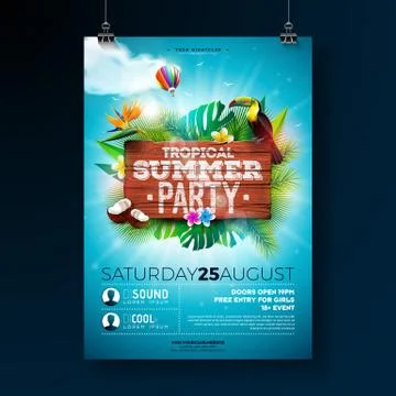Vector Summer Beach Party Flyer Design with typographic elements on wood texture Stock Illustration