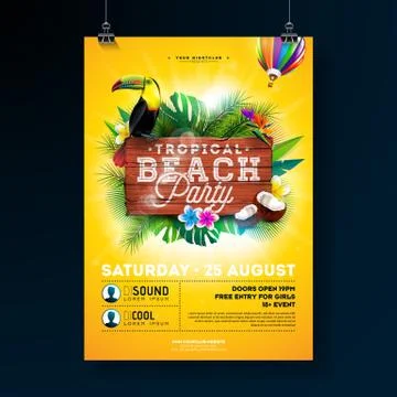Vector Summer Beach Party Flyer Design with typographic elements on wood texture イラスト素材