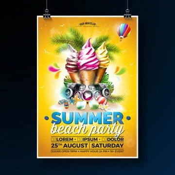 Vector Summer Beach Party Flyer Design with Ice Cream and Speakers on Shiny Stock Illustration