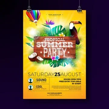 Vector Summer Beach Party Flyer Design with typographic elements on wood texture Stock Illustration