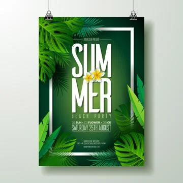 Vector Summer Beach Party Flyer Design with typographic elements on exotic leaf Stock Illustration