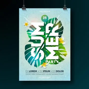 Vector Summer Beach Party Flyer Design with flower and tropical plants on blue Illustrazione stock