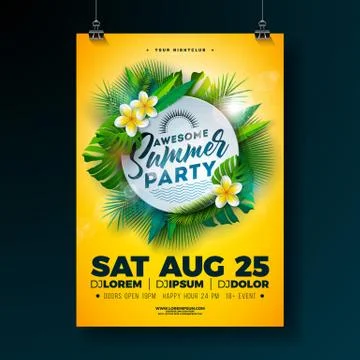 Vector Summer Beach Party Flyer Design with Flower and Tropical Palm Leaves on Stock-Illustration