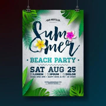 Vector Summer Beach Party Flyer Design with Flower and Tropical Palm Leaves on Stock Illustration