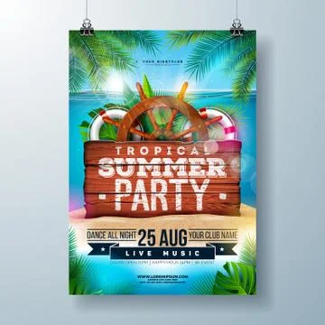 Vector Summer Beach Party Flyer Design with Tropical Palm Leaves and Shipping Stock Illustration
