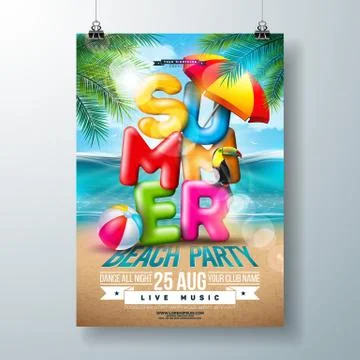 Vector Summer Beach Party Flyer Design with 3d Typography Letter and Tropical Stock Illustration