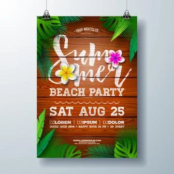 Vector Summer Beach Party Flyer Design with Flower and Palm Leaves on Vintage Stock-Illustration