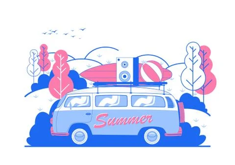 Vector Summer Beach Party Flyer Design with travel van and surf board. Eps10  Stock Illustration