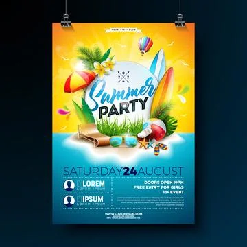Vector Summer Beach Party Flyer Design with Flower and Typography Letter on Blue Stock Illustration