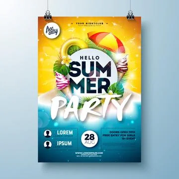 Vector Summer Beach Party Flyer Design with Flower and Typography Letter on Blue Stock Illustration