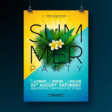Vector Summer Beach Party Flyer Design with Flower and Typography Letter on Blue Stock Illustration