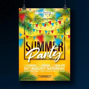 Vector Summer Beach Party Flyer Design with Party Flag and Palm Leaves on Sun Stock Illustration