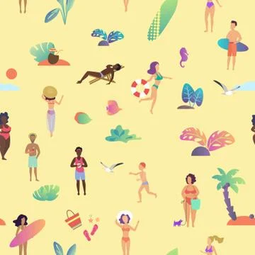 Vector summer beach seamless pattern. Top view of the beach with people doing Illustrazione stock