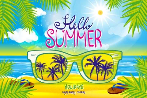 Vector summer blurred beach, with sunglasses, Stock Illustration