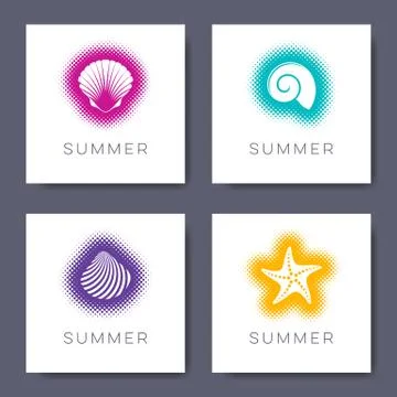 Vector summer cards with seashells halftone design Illustrazione stock
