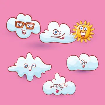 Vector summer cartoon icon set with funky cartoon summer sun character and cute Illustrazione stock