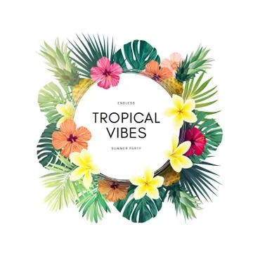 Vector summer design with exotic monstera palm leaves, Frangipani and Hibiscus Stock Illustration
