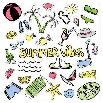Vector summer doodle set. Hand drawn illustration with trendy style on white  Stock Illustration