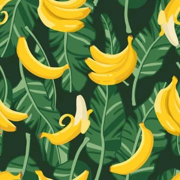 Vector summer exotic pattern with yellow bananas, flowers and leaves. Stock Illustration
