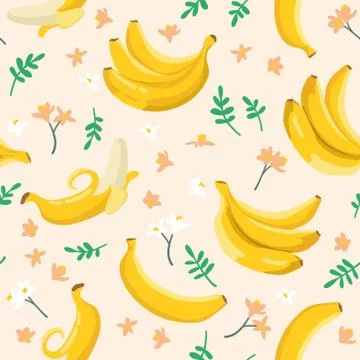 Vector summer exotic pattern with yellow bananas, flowers and leaves. Stock Illustration