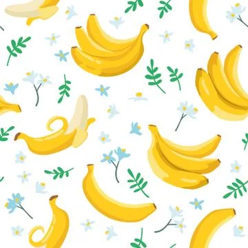 Vector summer exotic pattern with yellow bananas, flowers and leaves. Stock Illustration