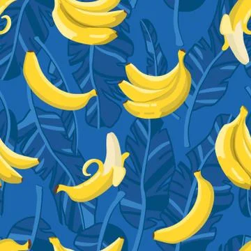 Vector summer exotic pattern with yellow bananas, flowers and leaves. Stock Illustration